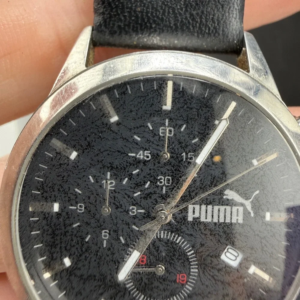 Puma Chronograph Watch Black Silver Leather Strap Date Sport Mens 7.5in